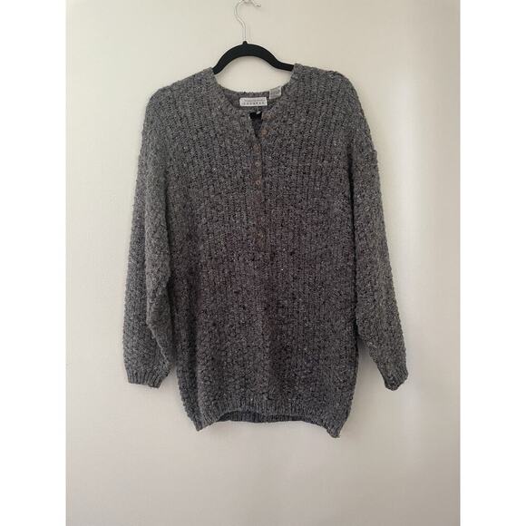 Vtg 90s Express Gray Marked Henley Textured Knit Sweater Fisherman - Picture 1 of 7